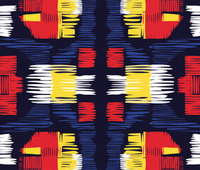 The combination of an African geometric square triangle colorful pattern and a modern aztec Kilim geometric seamless pattern in african colorful style creates a unique abstract geometric pattern,