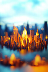 Surreal cityscape at dusk with golden origami-style glowing buildings