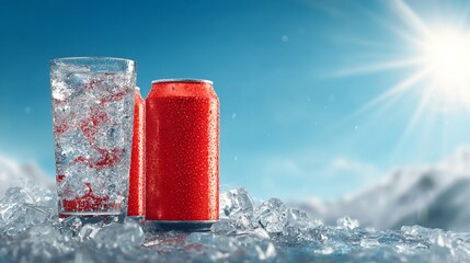 Red Soda Cans and Iced Beverage with Ice Cubes