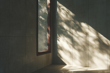 Minimalist interior building facade featuring a window with natural light streaming through