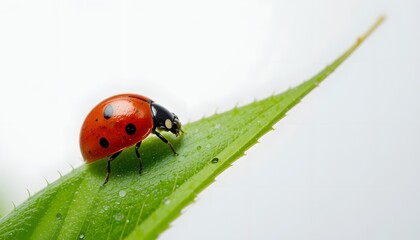 Obraz premium Vibrant Red Ladybug with Black Spots Perched on Lush Green Leaf Showcasing Nature’s Intricacy