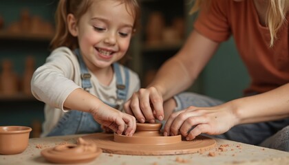 Child, adult creating pottery. Young girl happy smiling learning traditional art craft with teacher. They make ceramic pots. Fun, bonding family time with mud clay hands. Arts and crafts workshop.