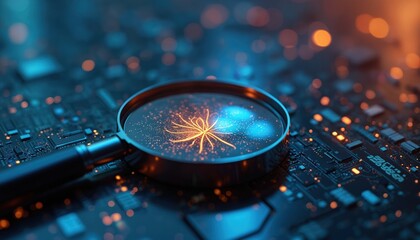 Magnifying glass highlights bug code, emphasizing importance debugging, testing, software development. Tech innovation, concepts, digital security, data analysis. Detail in circuitry. Digital