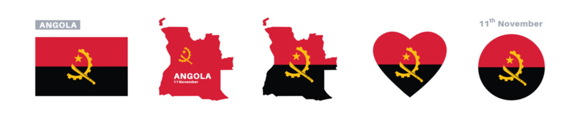 angola flag and map set. angola flag in official colors and proportions. independence day 11 november, map, circle and heart shaped angola 