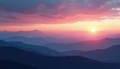 Obraz premium Sunset mountain range with gradient colors sky. Scenic mountain landscape with vibrant colors. Nature background at twilight hour. Orange, pink, blue, purple gradient colors create calm serene