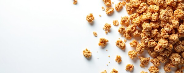 Granola flakes scattered on white background. Healthy breakfast, snack. Crunchy oat clusters, delicious texture with space for text. Nutritious organic food, balanced diet meal.