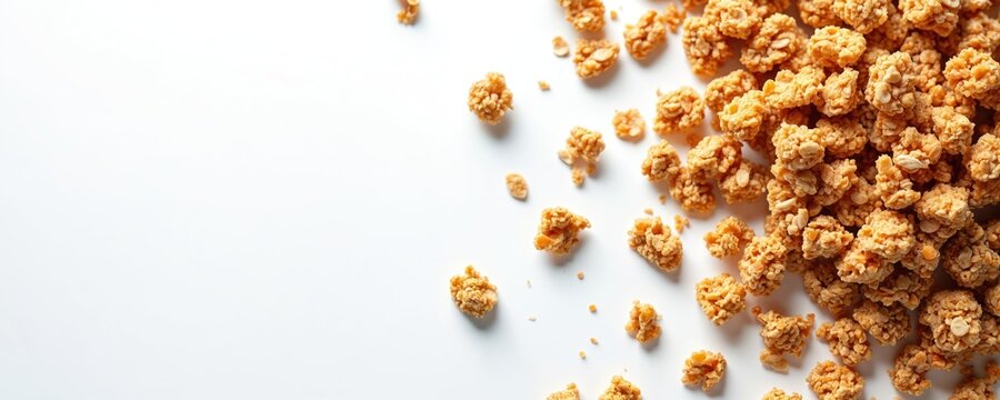 Granola flakes scattered on white background. Healthy breakfast, snack. Crunchy oat clusters, delicious texture with space for text. Nutritious organic food, balanced diet meal.