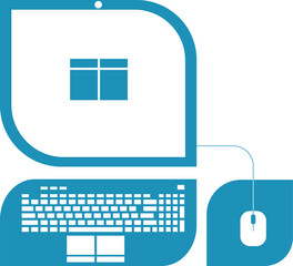 computer with monitor keyboard and computer mouse, computer pad, keyboard with buttons, system startup, working on laptop and computer