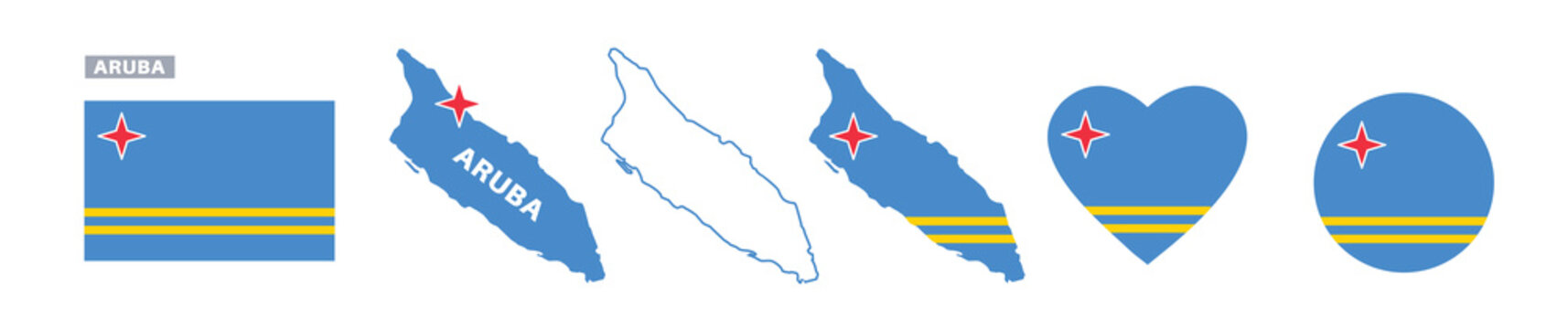 aruba flag and map set. aruba flag in official colors and proportions. independence day, map, circle and heart shaped aruba 
