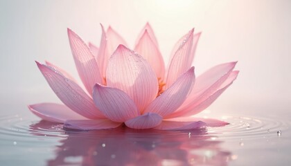 Pink lotus flower floating water. Beautiful blossom reflects in water. Symbol of purity, enlightenment, rebirth. Floral design element for meditation, yoga, spa, wellness concepts. Nature background,