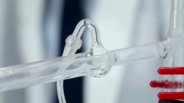 Close-up of glass distillation apparatus in laboratory setup for chemical separation experiment