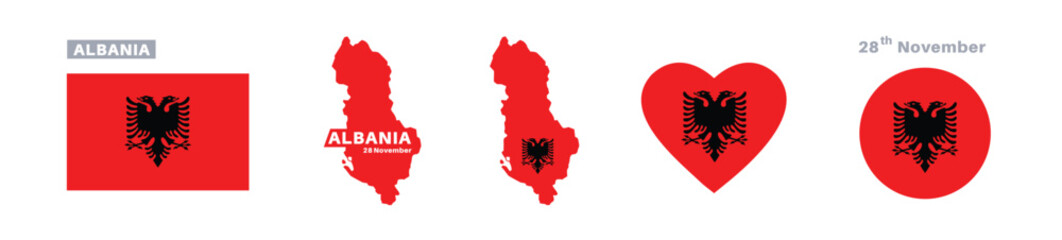 albania flag and map set. albania flag in official colors and proportions. independence day 28 november, map, circle and heart shaped albania 