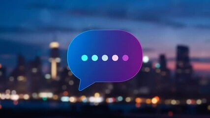 Colorful speech bubble overlay against a city skyline at dusk, suggesting communication and connection