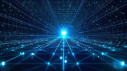 Obraz premium Blue Digital Background with Glowing Lines and Light Effects on Dark Blue – Futuristic Network Grid in Center Composition with Light at the End of the Tunnel, Abstract Vector Tech Illustration
