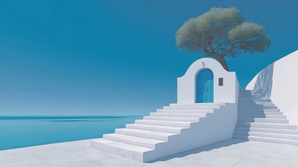 Fototapeta premium White Structure, Blue Door, and Ocean View