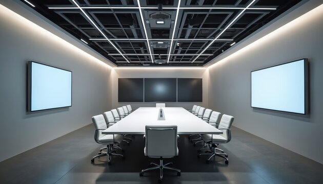 High-tech conference room with modular ceiling grid system. Integrates lighting ventilation audiovisual equipment. Empty meeting room white table chairs ready for presentation. Clean minimalistic