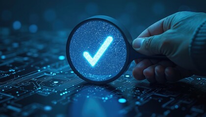 Person holds magnifying glass displaying glowing check mark icon against tech circuit board background. Verification concept security privacy data protection digital authentication. Technology