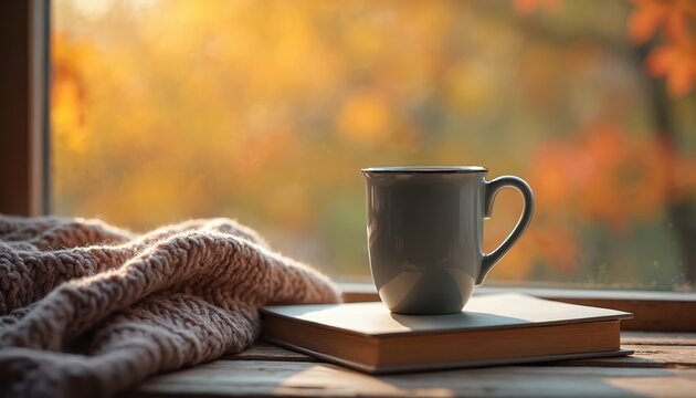 Cozy autumn scene with a coffee mug on a book by window. Warm drink, knitted blanket, outside view of fall foliage. Autumnal vibes, comfortable home reading, mood of relaxation and warmth.