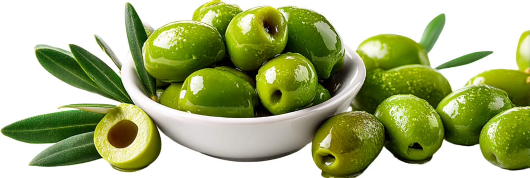 Fresh green olives in white bowl ready to eat healthy mediterranean food isolated on transparent background