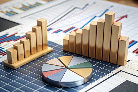 Growing bar graphs and pie chart - Financial analysis, business finance concept. 3d illustration