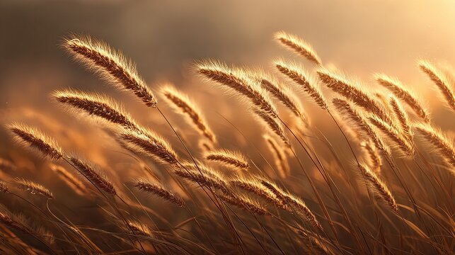Sunlit grass swaying in the wind against a warm, soft-focused background