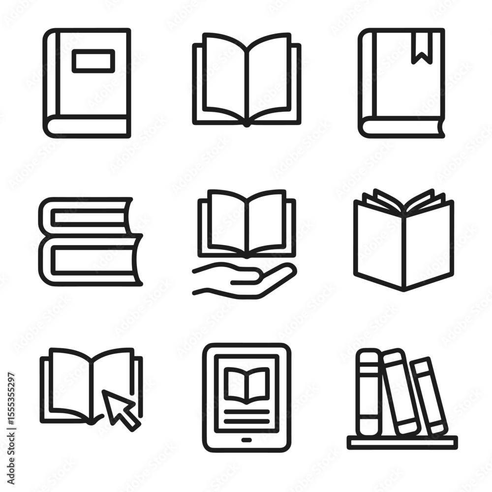Poster simple book icon set with minimal design elements. outline symbols. line design