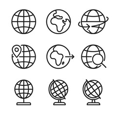 Clean globe icon collection with global symbols. Outline symbols. Line design
