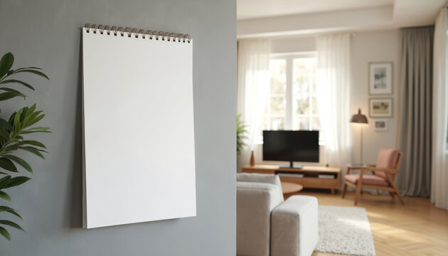 Blank white wall calendar mockup in modern living room with minimalist decor. Blank notepad on gray wall. Perfect for brand, business, product, project, events presentation. Design, advertisement,