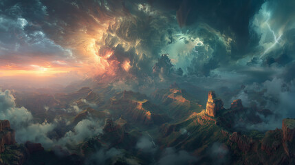 Epic cinematic landscape of a vast canyon during a chaotic battle of a fiery sunset and a lightning storm.