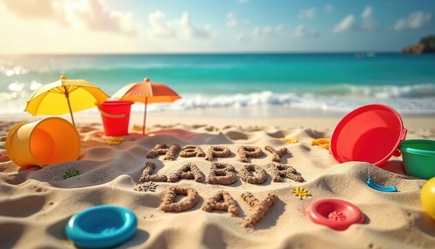Beach scene with Happy Labor Day sign written sand. Coastal view of ocean, with colorful beach toys and umbrellas. Labor day holiday celebrating summer fun, leisure, vacation with friends family.