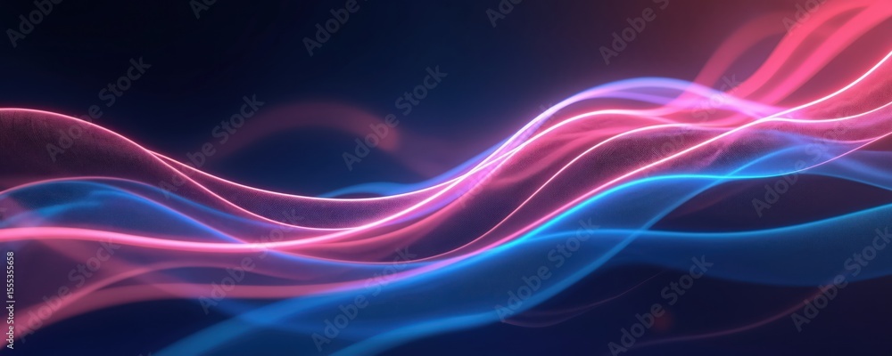 Poster abstract illustration of glowing neon lines on dark blue background. digital artwork featuring futur