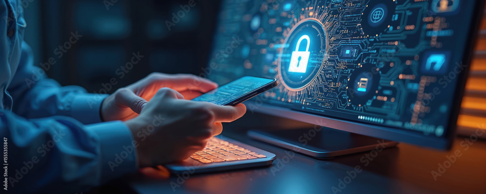 Poster cybersecurity concept 2fa secure login. person uses smartphone near computer monitor, padlock symbol