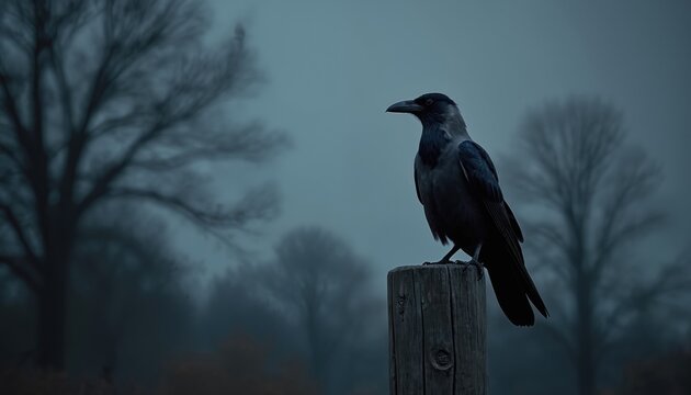 Crow sits atop wooden post against atmospheric background of foggy trees. Majestic raven bird perched, looking away from the viewer. Dark mysterious moody, tranquil scene.