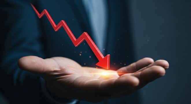 Red arrow pointing downward on a financial graph falling into a man's open hand. Business crisis and economic recession. - Powered by Adobe