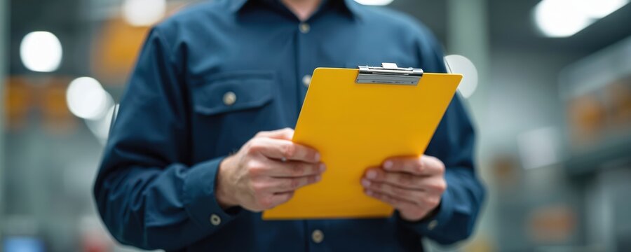 Supervisor performs safety inspection in factory with checklist. Man checks documents in workplace. Risk assessment, hazard identification, compliance, industrial safety. Workplace audit.
