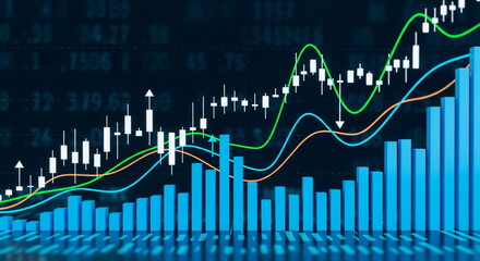 Blue bar chart displays market growth on dark background. Digital candlestick graph shows data analysis for finance and stock exchange.