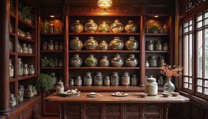 Traditional Chinese medicine cabinet filled glass jars with herbs. Wooden furniture, ancient apothecary with medical supplies. Natural medicine, alternative medicine, health, care concept.