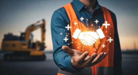 Man wearing safety vest with glowing handshake icon. Partnership collaboration and trust in industrial and construction business concept.