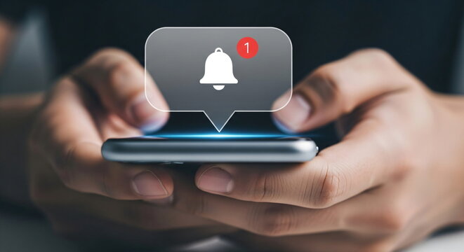 Man holding a smartphone with new notification and a bell icon. Social media message concept for digital communication and mobile technology.