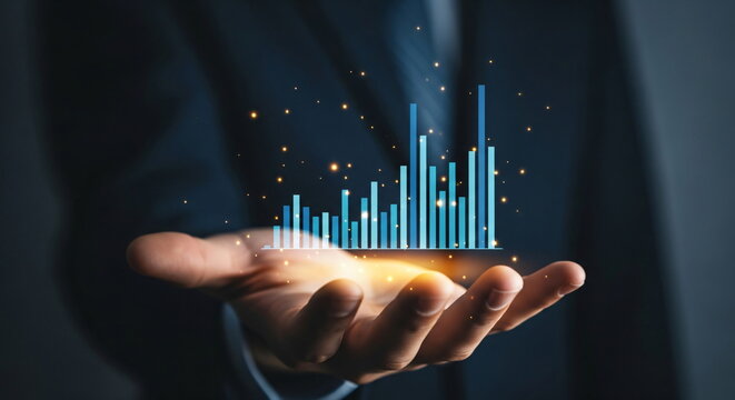 Man holding a glowing bar chart in his hand. Concept of financial growth, business success, and data visualization. Future innovation in stock investment and economy.