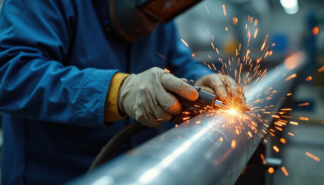 Close-up shot of skilled welder TIG welding stainless steel pipe. Sparks and light reflections are visible. Industrial worker using protective mask. Metalwork, steel fabrication, construction. - Powered by Adobe