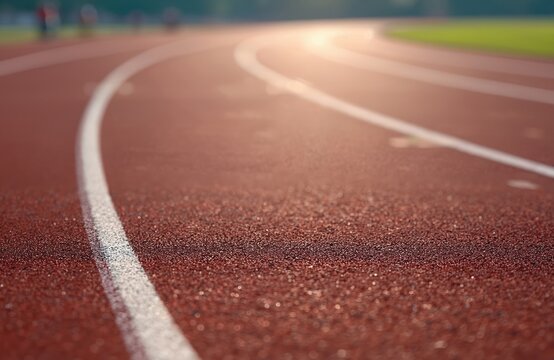 Close-up of athletics running track with white lane markings. Red surface texture, sport background. Focus on line curve, concept of competition, training and sprint.