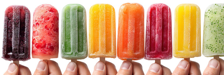 Colorful fruit popsicles summer treats held by hands frozen desserts isolated on transparent background