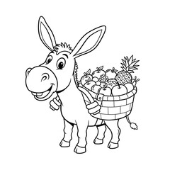 A smiling cartoon donkey with large eyes carries a big basket of fruits—like apples, grapes, and pineapple—on its back. The playful line art style is perfect for coloring.