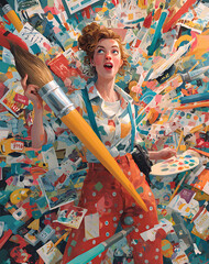Astonished Young Woman Artist Amidst Colorful Papers and Giant Paintbrush