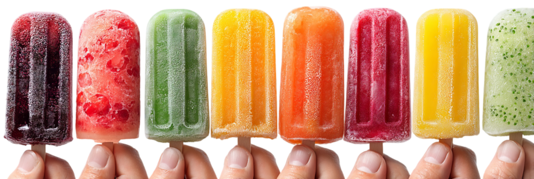 Colorful fruit popsicles summer treats held by hands frozen desserts  isolated on transparent background