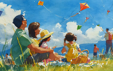 Family Enjoying a Sunny Day Kite Flying Picnic