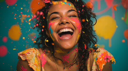 Joyful Woman Covered in Colorful Paint Splashing Against Teal Background