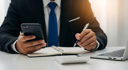 A businessman using a smartphone and writing in a notebook at a desk with a laptop nearby