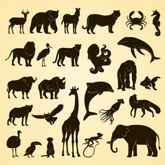 Animals silhouettes including mammals, birds, reptiles, and sea creatures.